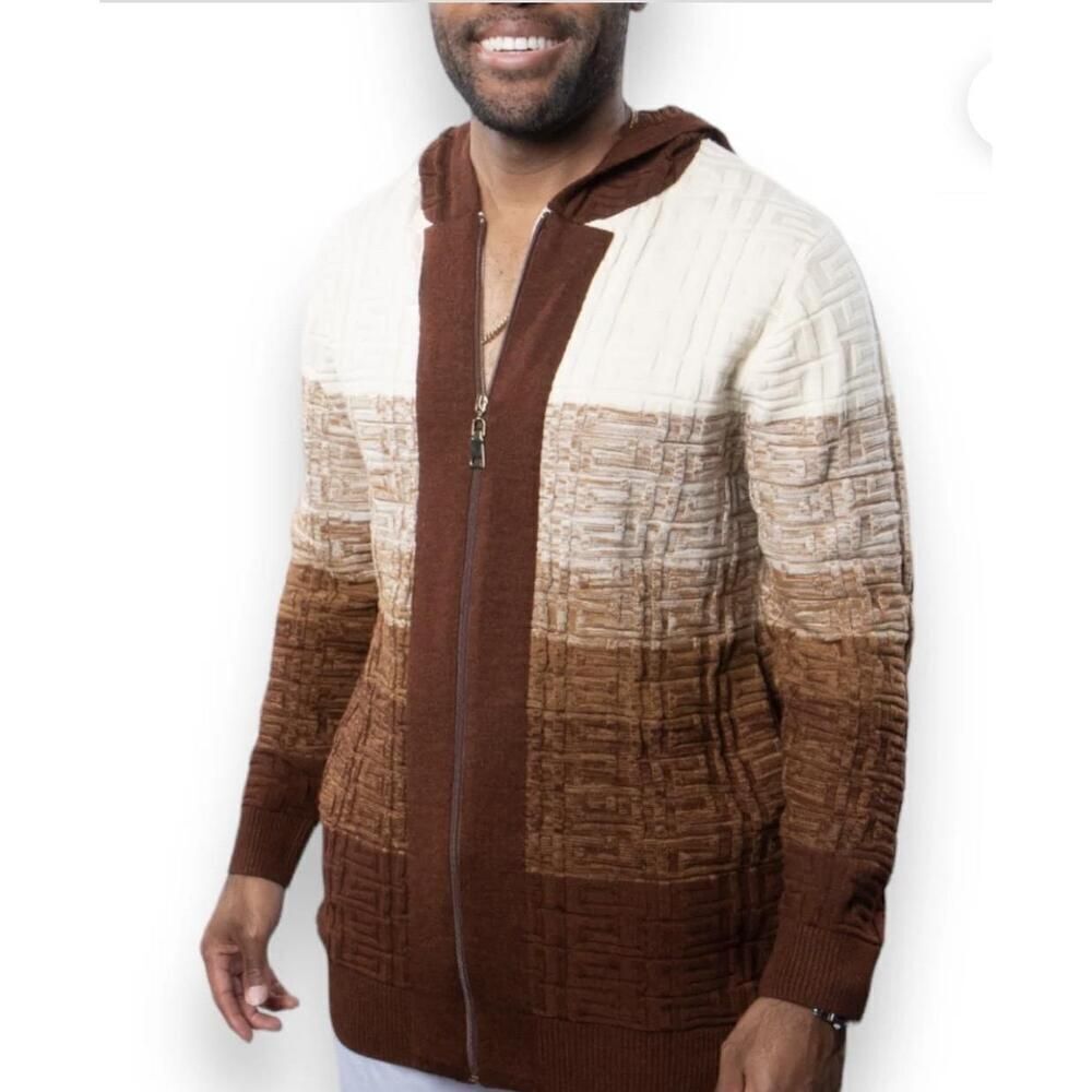 PRESTIGE ORIGINAL L Wool Hooded Sweater Knit Jacket Brown Cardigan zip up men’s
